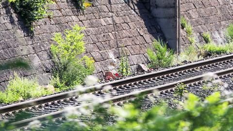 Rot markierte Erdbrocken liegen neben Gleisen. 