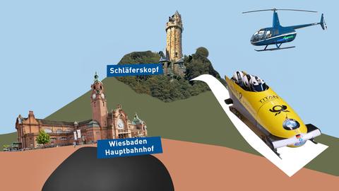Bildcollage aus verschiedenen Elementen: Links ein Bild des Wiesbadener Hauptbahnhofs mit einer schwarzen runden Fläche darunter, in der Mitte ein Bild des Turmes auf dem Schläferkopf, von dem eine fiktive Bobbahn mit Bobgefährt sich herunterschlängelt und rechts ein Helikopter in der Luft mit einem NVV-Logo drauf.