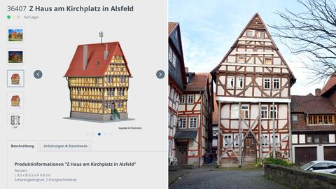 Bildkombination: links Screenshot eines Webshops mit dem Foto eines Modellbauhauses, rechts verfallendes und abgestützes Fachwerkhaus in einer Altstadt. 