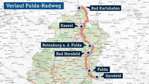 Die Grafik zeigt eine Karte, in welcher der Fulda-Radweg verortet ist.