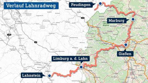 Die Grafik zeigt eine Karte, in welcher der Lahn-Radweg verortet ist.