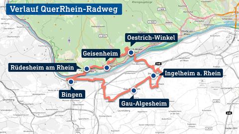 Die Grafik zeigt eine Karte, in welcher der QuerRhein-Radweg verortet ist.