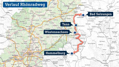 Die Grafik zeigt eine Karte, in welcher der Rhön-Radweg verortet ist.