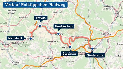 Die Grafik zeigt eine Karte, in welcher der Rotkäppchen-Radweg verortet ist.