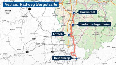 Die Grafik zeigt eine Karte, in welcher der Radweg Bergstraße verortet ist.