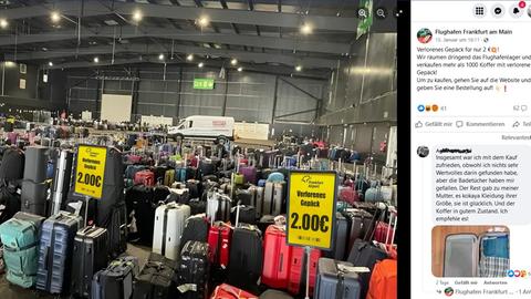 Eine Lagerhalle voller Koffer, daneben der Aufruf, Koffer für nur 2 Euro zu kaufen.