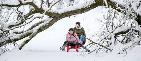 Eine Frau und ein Kind rodeln im Taunus unter einem Baum durch, der durch die Schneelast umgefallen ist. 