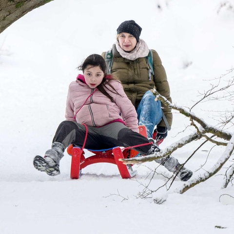 Eine Frau und ein Kind rodeln im Taunus unter einem Baum durch, der durch die Schneelast umgefallen ist. 