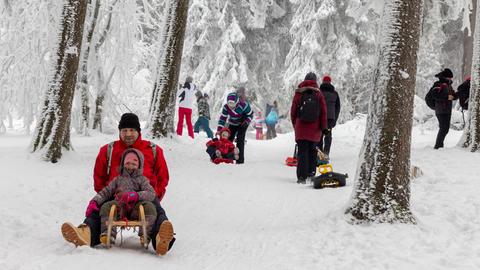 Eltern mit Kindern rodeln - im Hintergrund Bäume, die voller Schnee hängen