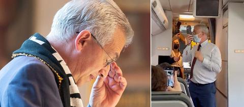 Bildkombination aus zwei Foto: links Feldmann im Profil., wie er seinen Kopf nachdenklich nach unten neigt; rechts wie er im Flugzeug vorne stehend eine Ansage macht.