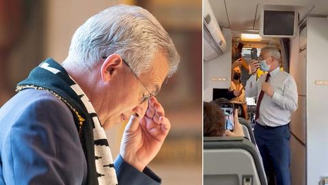 Bildkombination aus zwei Foto: links Feldmann im Profil., wie er seinen Kopf nachdenklich nach unten neigt; rechts wie er im Flugzeug vorne stehend eine Ansage macht.