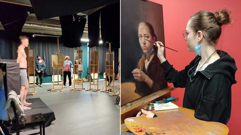 Bildkombination aus zwei Fotos: ein Blick in eine Kurssituation mit männlichem Aktmodell und eine Frau, die an einer Staffel steht und ein Portrait malt.