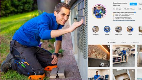 Bildkombination: links,Fliesenleger bei der Arbeit; rechts Screenshot des Instagram Account fliesenleger johannes