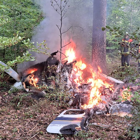 Das abgestürzte Flugzeug steht in Flammen in einem Wald.