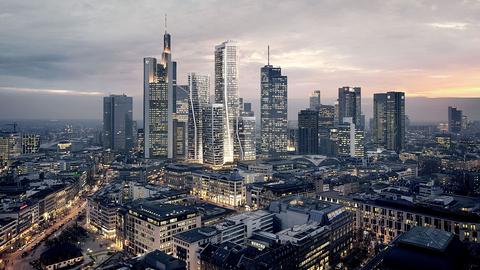So sollen sich die neuen Hochhäuser in Frankfurt nach ihrer Fertigstellung in die Skyline einreihen.