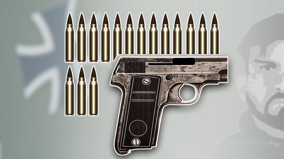 Illustration, die eine Pistole mit Munition im Vordergrund und im Hintergrund ein abstrahiertes Gesicht von Franvo A. nebst Bundeswehrkreuz zeigt.