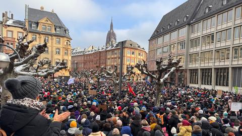 Protestierende Menschen vor dem Römerberg.