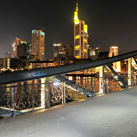 Zwei Menschen gehen auf einer Fußgängerbrücke (Bildvordergrund). Im Bildhintergund leuchten die Bankentürme der Skyline in de Nacht.