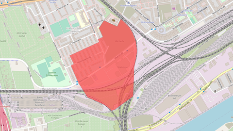 Karte des Stadtteils Frankfurt-Gallus, in welche der Evakuierungsbereich rot markiert ist. 