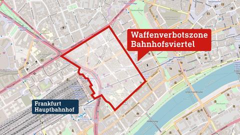 Karte des Bahnhofsviertels in Frankfurt, in welche der Bereich "Waffenverbotszone" eingezeichnet ist.