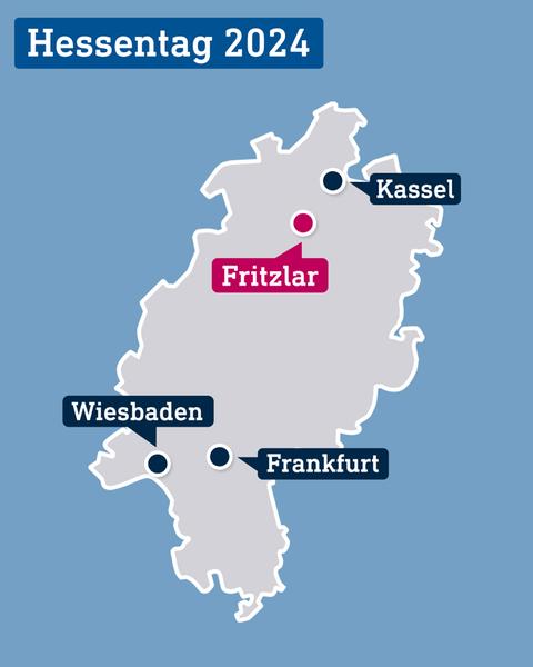 Hessenkarte mit den Orten Frankfurt, Wiesbaden, Kassel und - herausgehoben in pink- Fritzlar.