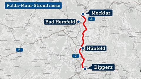 Karte mit dem Verlauf der Stromtrasse zwischen Mecklar und Dipperz