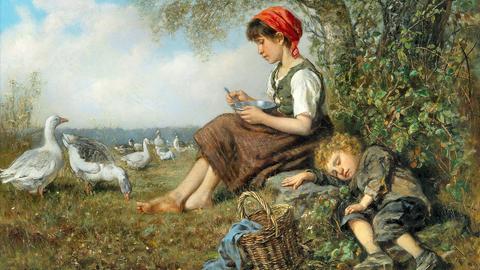 Gemälde von Friedenberg Wilhelm mit dem Titel "Die Mittagspause der Gänsemagd"