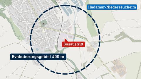 Eine Karte vom Ortsteil Hadamar-Niederzeuzheim. Eingezeichnet ist der Punkt des Gasaustritts und die Evakuierungszon von 400 m Radius