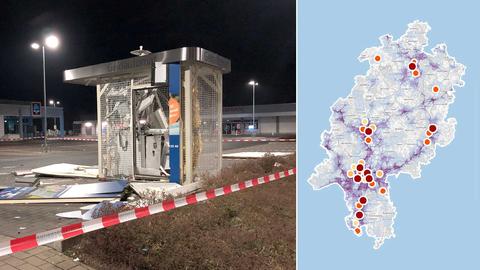 Bildkombo: links ein gesprengter Geldautomat auf einem Supermarktparkplatz, um welchen Metall- und Plastikteile liegen. Rechts eine Hessenkarte mit Punkten und Farbflächen.