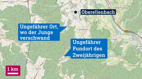 Kartenausschnitt mit den Angaben "Ungefährer Ort, wo der Junge verschwand" und "Ungefährer Fundort des Zweijährigen", sowie "Oberellenbach".