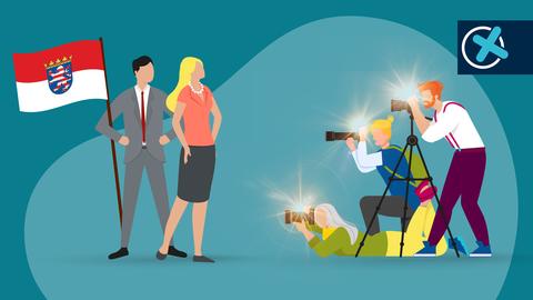 Illustration von einem Mann im Anzug und einer Frau im Kostüm, die von mehreren Fotografen fotografiert werden.