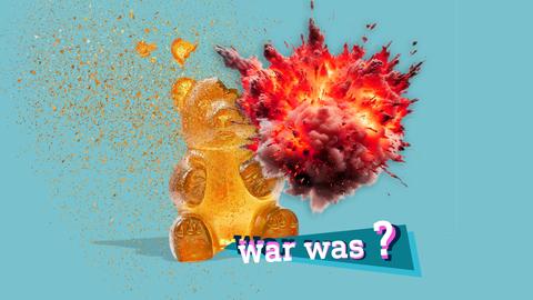 Collage eines Fotos von einem Gummibärchen, welches von einer Explosion in Stücke gerissen wird