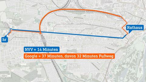 Kartenausschnitt von Kassel mit zwei unterschiedlichen Routen
