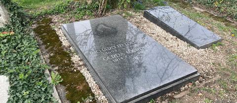 Grabplatte mit der Aufschrift Richard M. Werner Gerda Werner und Lebens- und Sterbedaten. Rings herum kleine, weiße Steine - auf einer Seite ein breiter Moosstreifen