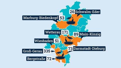 Grafik mit Zahl der Brutpaare von Weißstörchen in ausgewählten Landkreisen