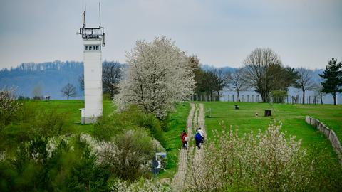 Foto: Aus der Vogelpersepktive Blick in eine saftig grüne Landschaft mit blühenden Bäumen. In der Mitte ein Weg, auf dem Menschen (sehr klein) gehen und daneben ein Wachturm. 