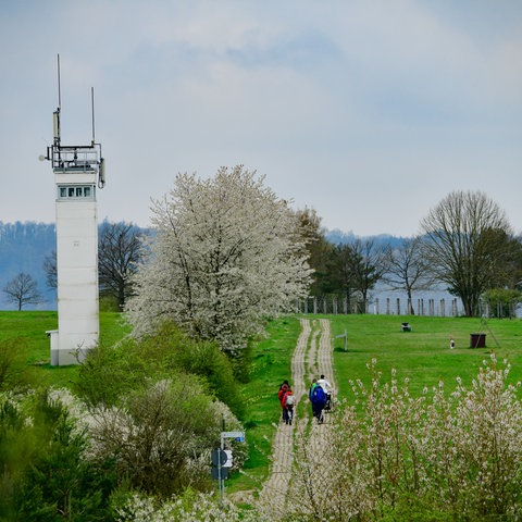 Foto: Aus der Vogelpersepktive Blick in eine saftig grüne Landschaft mit blühenden Bäumen. In der Mitte ein Weg, auf dem Menschen (sehr klein) gehen und daneben ein Wachturm. 