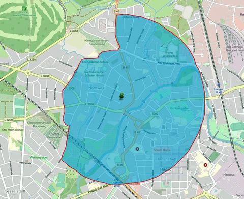 Evakuierungsradius auf einer Karte von Hanau