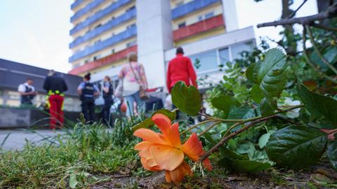 Hochhaus, davor Blumen und Menschen - aus der Froschperspektive fotografiert.