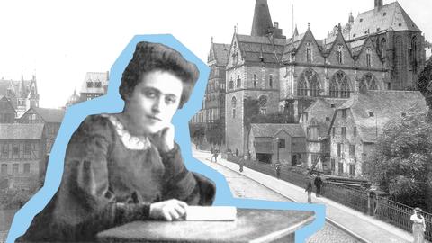 Collage aus zwei historischen Fotos: Im Vordergrund ein ausgeschnittenes Portrait einer jungen Frau, die am Tusch sitzt - hellblau umrandet. Im Hintergrund ein Stadtansicht.