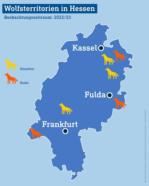 Hessenkarte mit drei Orientierungspunkten und sechs Wolfsstandorten