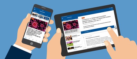 Grafik, die Hände zeigt, die zum einen ein Smartphone und zum anderen ein Tablet halten. Auf den Screens sind jeweils die App-Anwendungen der hessenschau zu sehen - mit Schlagzeilen und Bildern.