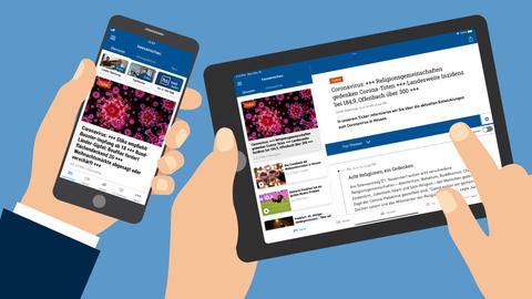 Grafik, die Hände zeigt, die zum einen ein Smartphone und zum anderen ein Tablet halten. Auf den Screens sind jeweils die App-Anwendungen der hessenschau zu sehen - mit Schlagzeilen und Bildern.
