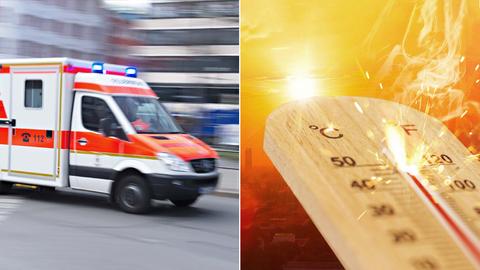 Zwei Foto in Kombination: links ein Rettungswagen in Fahrt, rechts ein Thermometer, dessen Temperatur extrem hoch gestiegen ist.