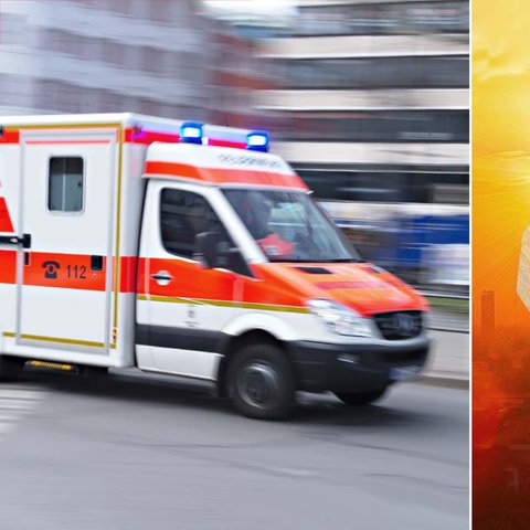 Zwei Foto in Kombination: links ein Rettungswagen in Fahrt, rechts ein Thermometer, dessen Temperatur extrem hoch gestiegen ist.