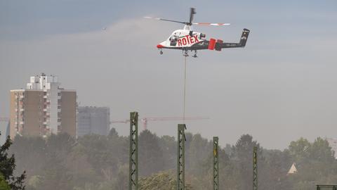 Ein Hubschrauber mit der Aufschrift "Rotex", darunter Strommasten.