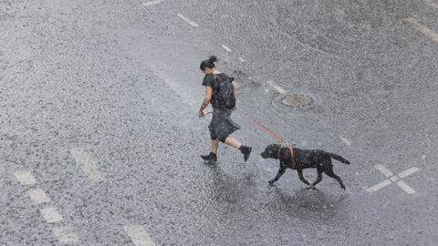 Eine Frau rennt mit ihrem Hund bei Starkregen über eine überflutete Straße.