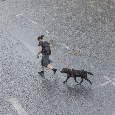 Eine Frau rennt mit ihrem Hund bei Starkregen über eine überflutete Straße.