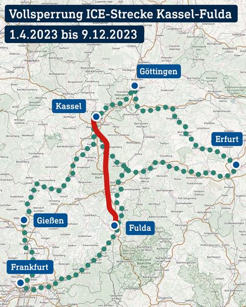 Karte zur Sperrung der ICE-Strecke zwischen Kassel und Fulda und den Umleitungsstrecken