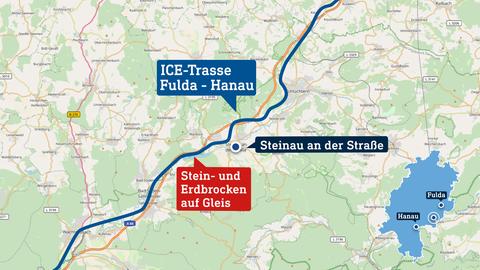 Kartenausschnitt, auf welchem Steinau an der Straße in Hessen und die ICE-Trasse zwischen Fulda und Hanau eingezeichnet sind.